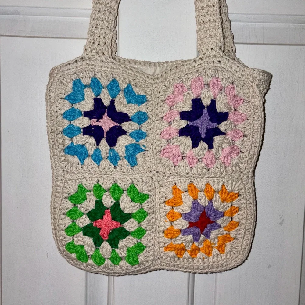Multi-Color Medium Crean Crochet Macrame Shoulder Tote Bag
